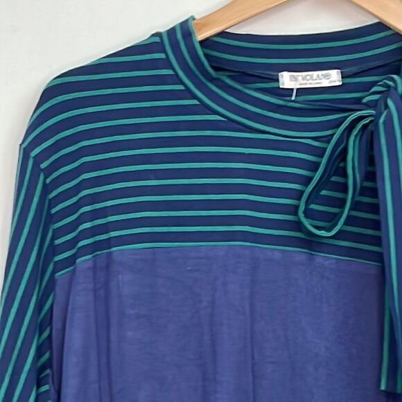 In Voland Navy Blue and Green striped long sleeve top with tie neck NWT size 20W - Picture 4 of 12